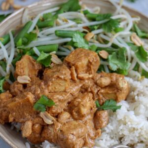 Vegetarische saté recept van tofu met rijst en sperziebonen