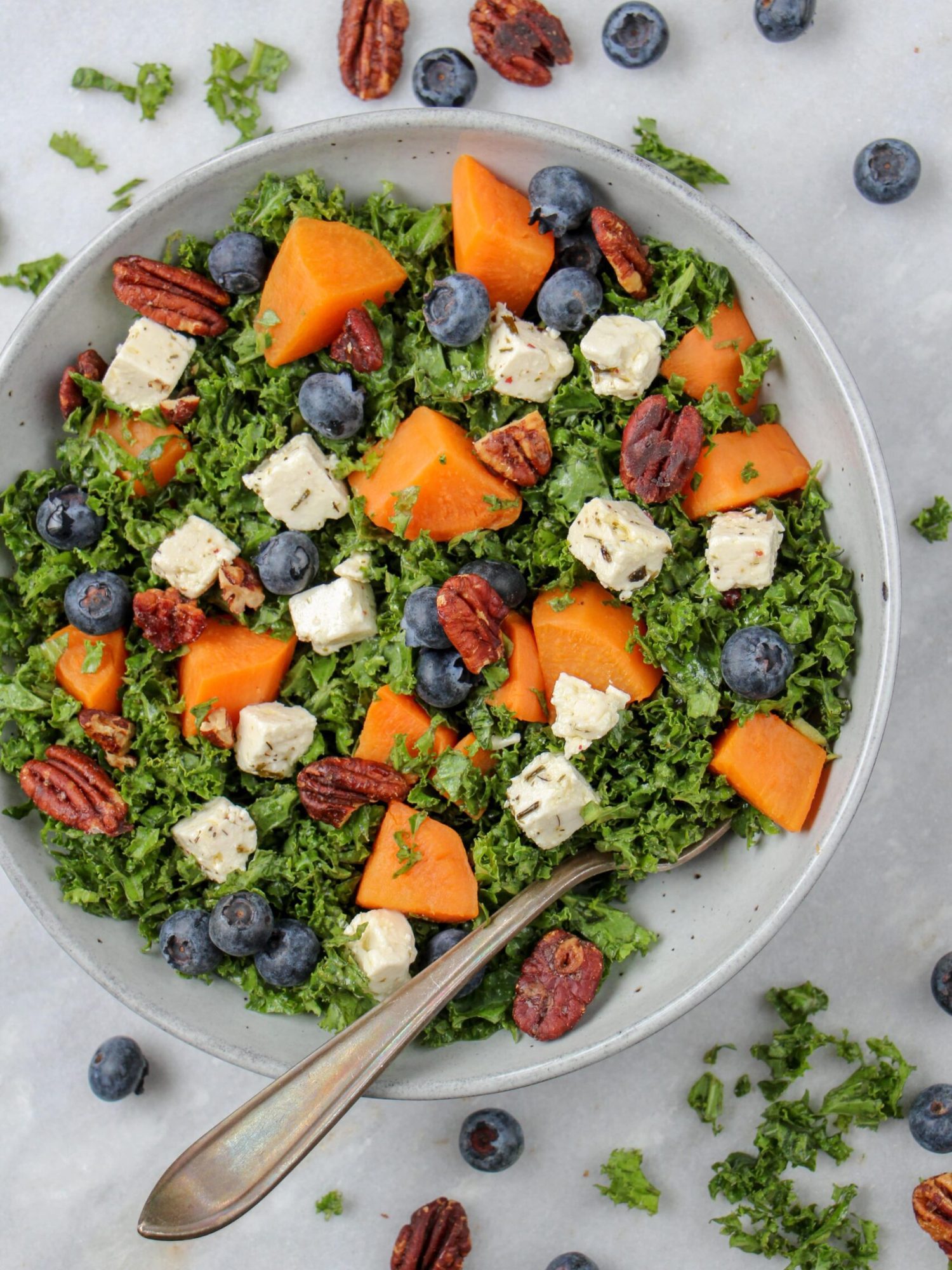 makkelijke vegetarische salade recepten Boerenkool salade met zoete aardappel blauwe bessen en pecannoten