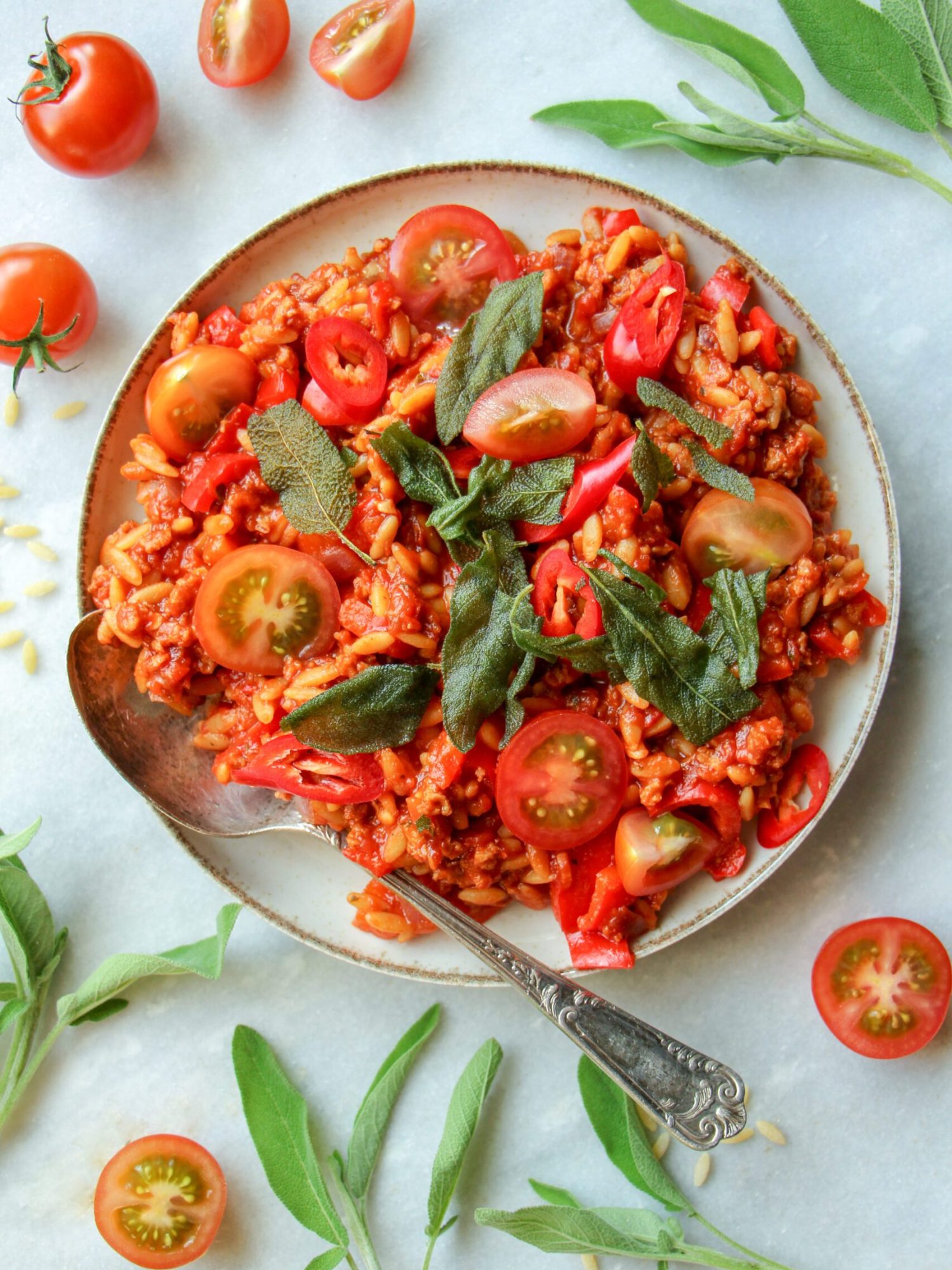 Makkelijke vegetarische recepten avondeten Tomaten orzo met paprika en crunchy salie