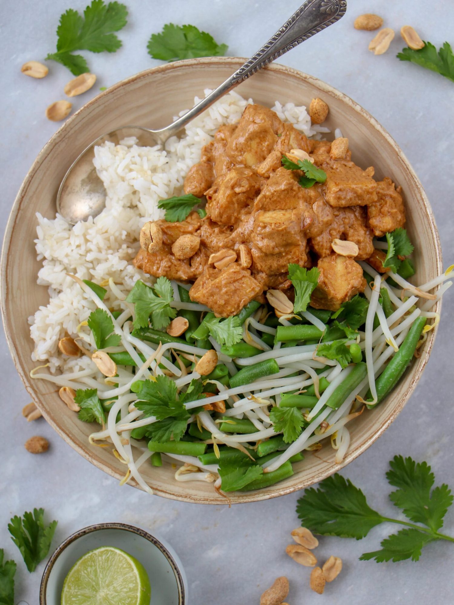 Makkelijke vegetarische recepten avondeten Vegetarische saté van tofu met rijst en sperziebonen