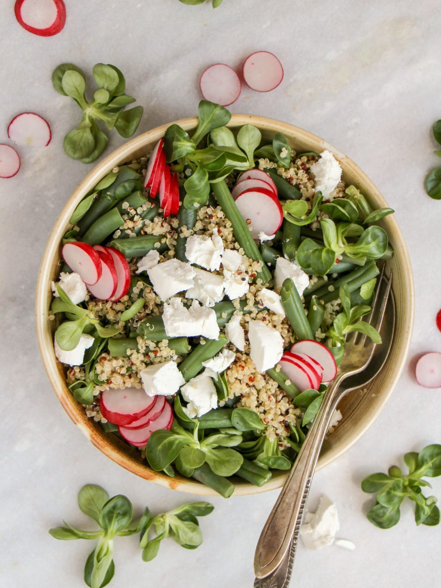 Makkelijke vegetarische salade recepten Sperziebonensalade met quinoa en geitenkaas