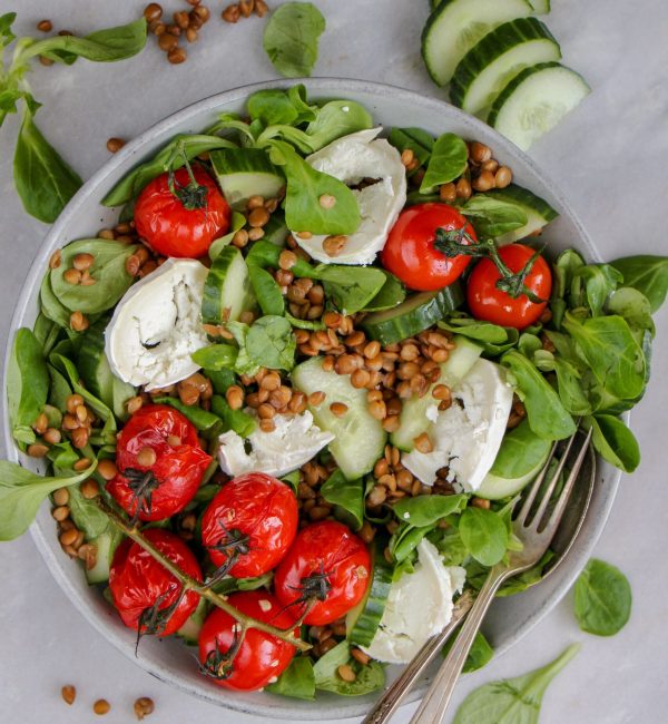 Makkelijke vegetarische salade recepten linzen salade met knoflooktomaten komkommer en geitenkaas