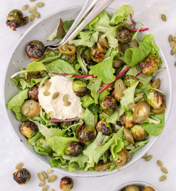 Makkelijke vegetarische salade recepten spruitjes salade met hummus en jalapenos