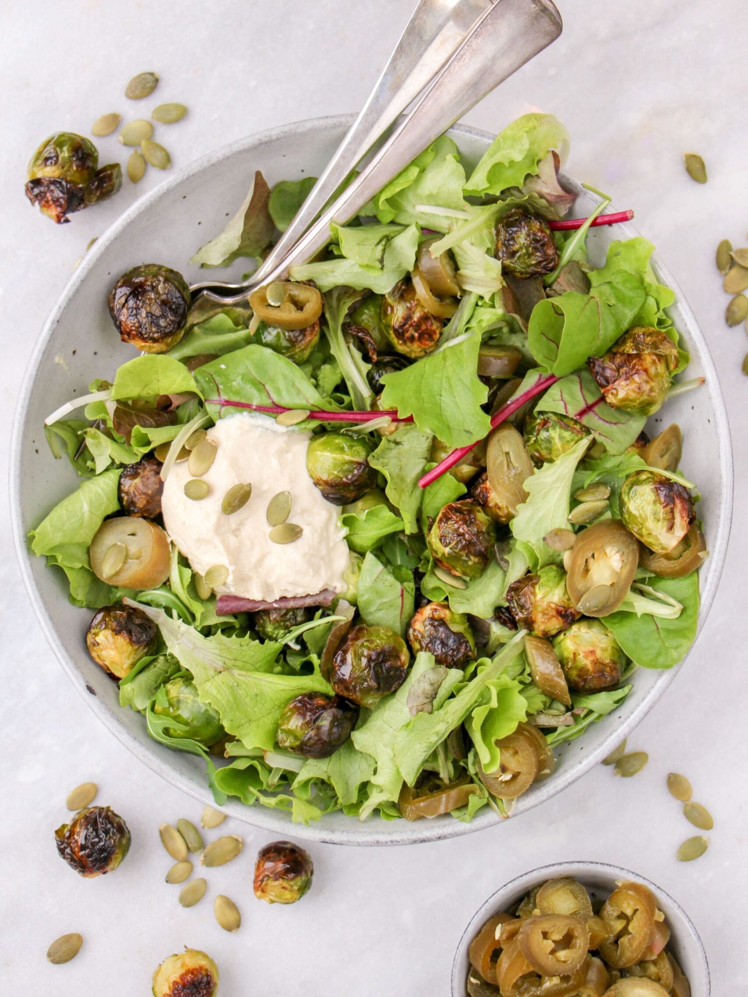 Makkelijke vegetarische salade recepten spruitjes salade met hummus en jalapenos