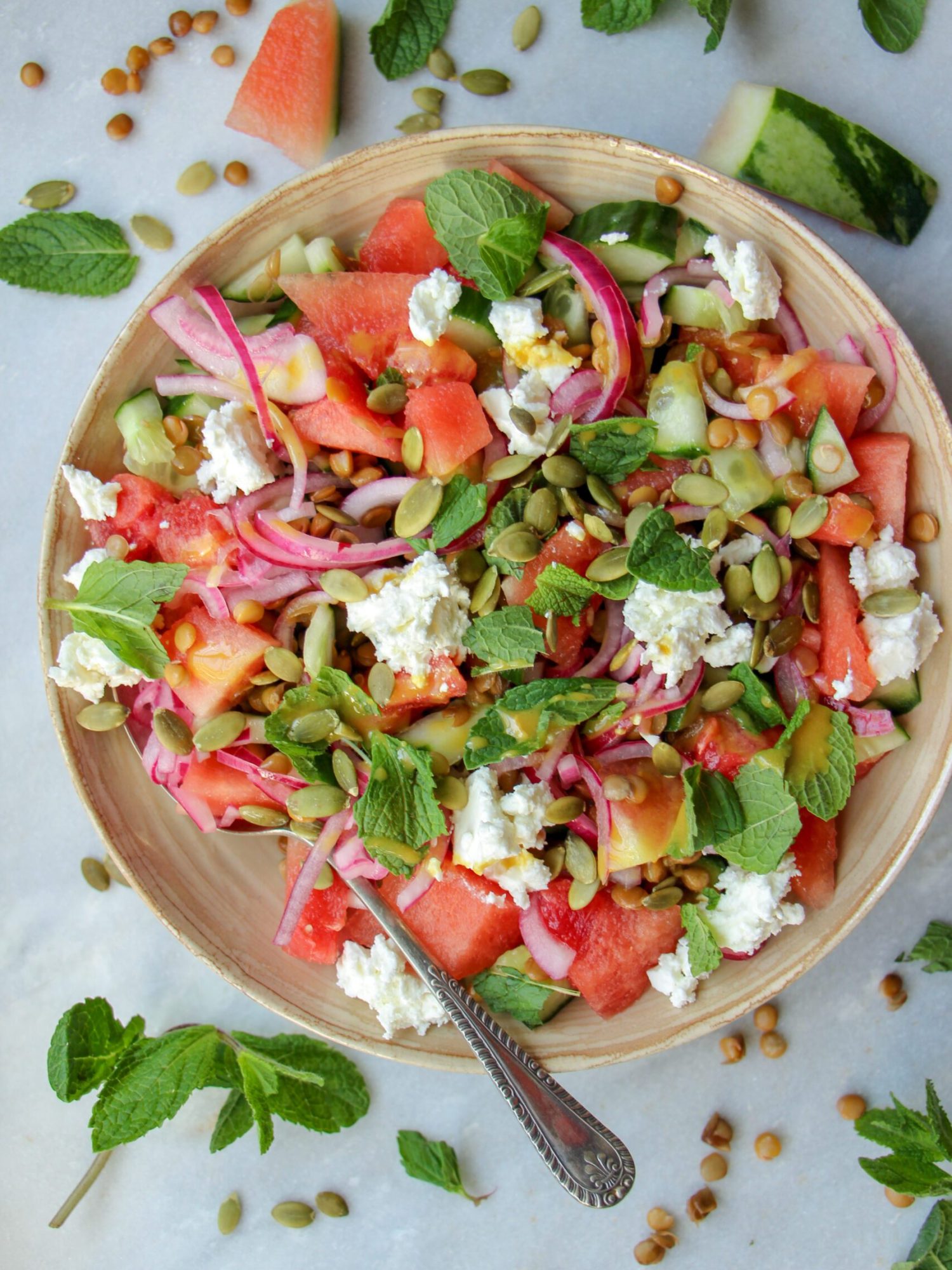 Makkelijke vegetarische recepten linzen met watermeloen ingemaakte rode ui en komkommer